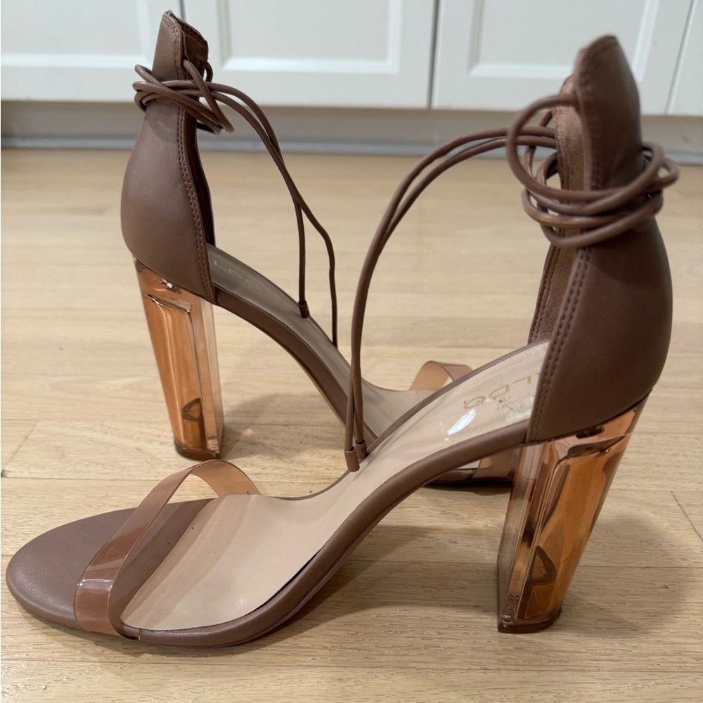 Aldo Brown Tan Lucite Clear Strappy Lace-Up Heels Sexy Size 11